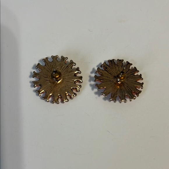 Vintage Coral Pink and Blue Sunburst Earrings with Faux Pearl Center - Picture 2 of 5